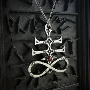 Leviathan Cross Necklace Infernal Infinity Sigil Red Cabochon Hammered Silver Tone Studded Detail 18 Inch Chain Sovereignty Endurance