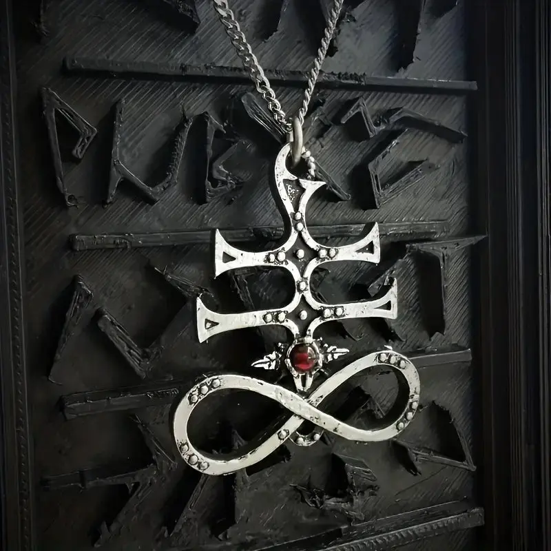 Leviathan Cross Pendant Symbolic Necklace - Red Cabochon, Silver-Tone Fashion Costume Jewelry Accessory