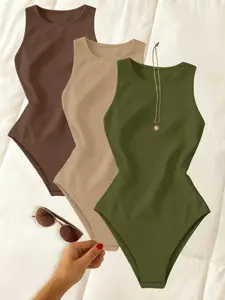 Women's 3 Piece New Sleeveless Medium Stretch Slimming Vest Set, Casual Outerwear and Inner Wear, Plain Color One-Piece Bodysuits