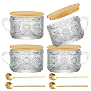 1/2/4PCs, Vintage Glass Coffee Cup with Lid and Spoon, Perfect for Cappuccino, Latte, Cereal, Yogurt, Milk Breakfast Cup