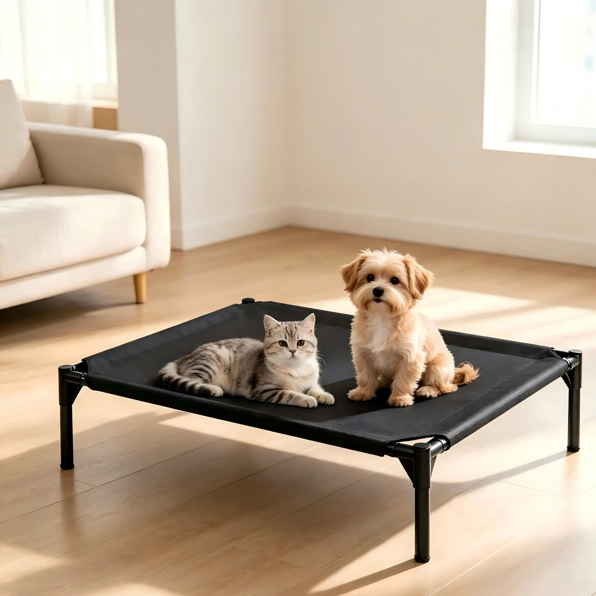 Elevated Pet Cot Bed for Cats & Small‑Medium Dogs, Indoor Raised Cooling Pet Sleeping Bed, Sturdy Non‑Slip Metal Frame, 2 Replaceable Covers: Wear‑Resistant Oxford Fabric or Breathable Air Mesh, Easy Assembly & Washable