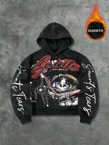 Men's Trendsetter 'saints Tears' Hoodie, Body with Eye Print, Embroidery and Chain Details, Fleece Lined for Fall & Winter