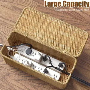 Desktop Cable Management Box Handwoven Wicker Rope Hidden Organizer with Cover, Power Line Socket Plug Strip Box Data Line Concealer, Work Organizer