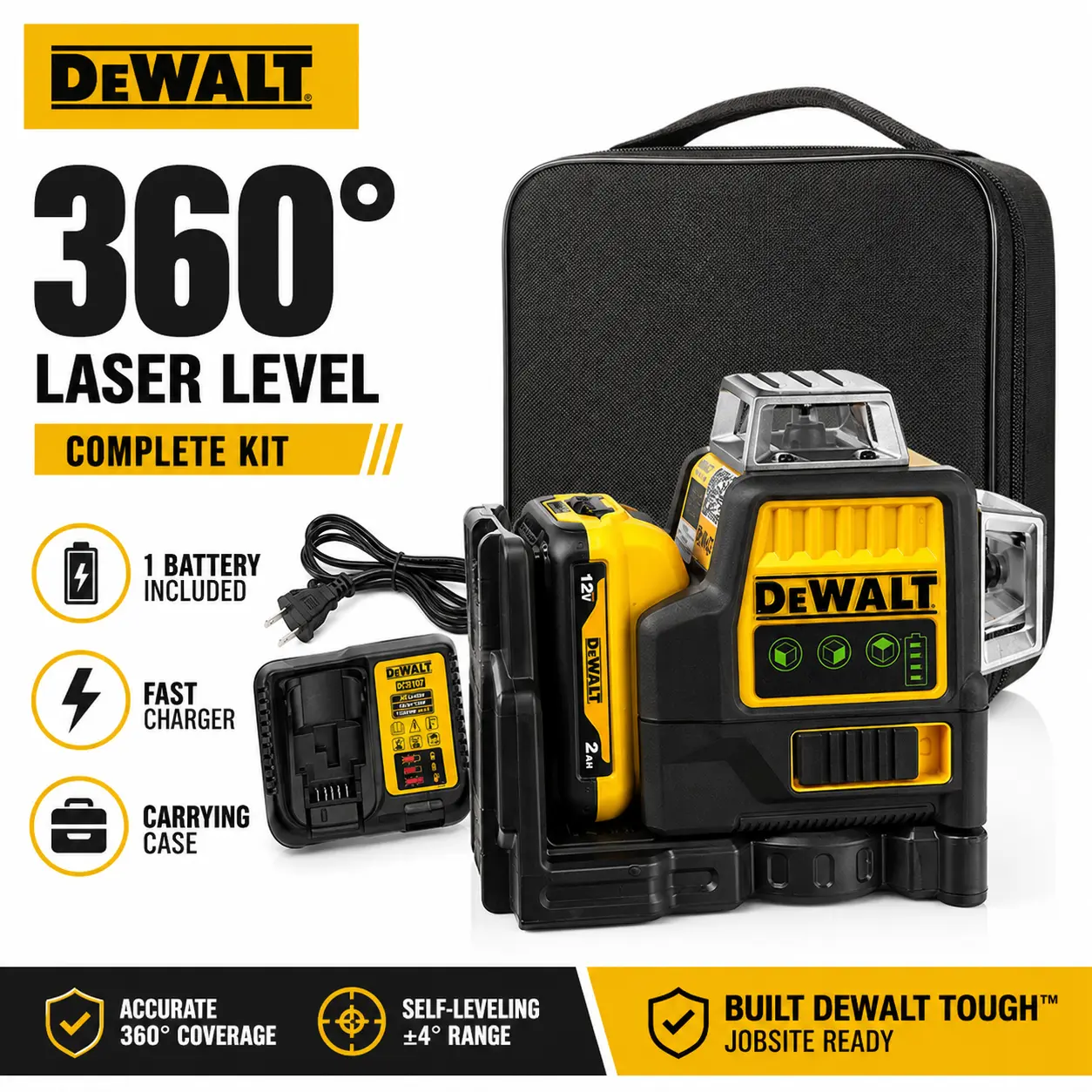DEWALT 089LG 3-Sided 360-Degree Vertical & Horizontal Green Laser Level, Outdoor Hand Tool Accessory