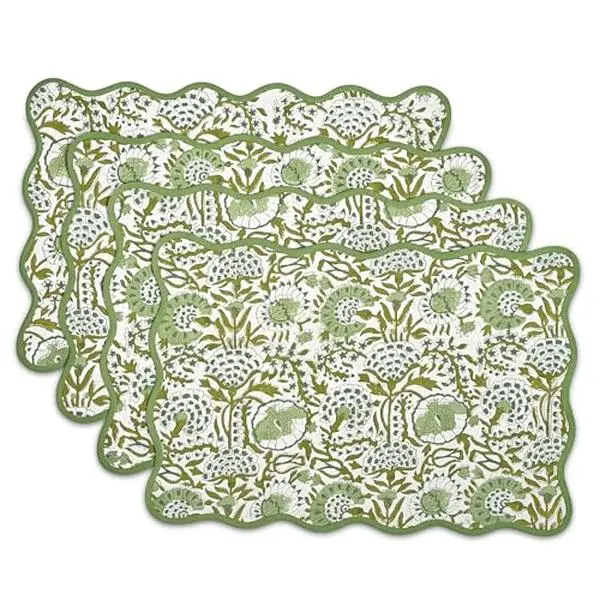 CPC Cotton Placemats Agate Green Set of 4-Hand Block Printed Reversible Placemats, Flower Scalloped & Embroidered Cloth Table Mats - 14 x 20 inch Gift for Spring, Mother's Day