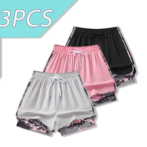 2-in-1 double-layer women’s athletic shorts with built-in lining, quick-dry fitness shorts