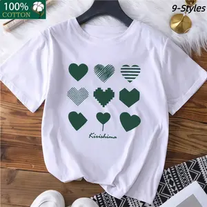 Women’S White Green Heart Slogan Knit T-Shirt Cute Casual Daily Outfit Spring Summer Fall