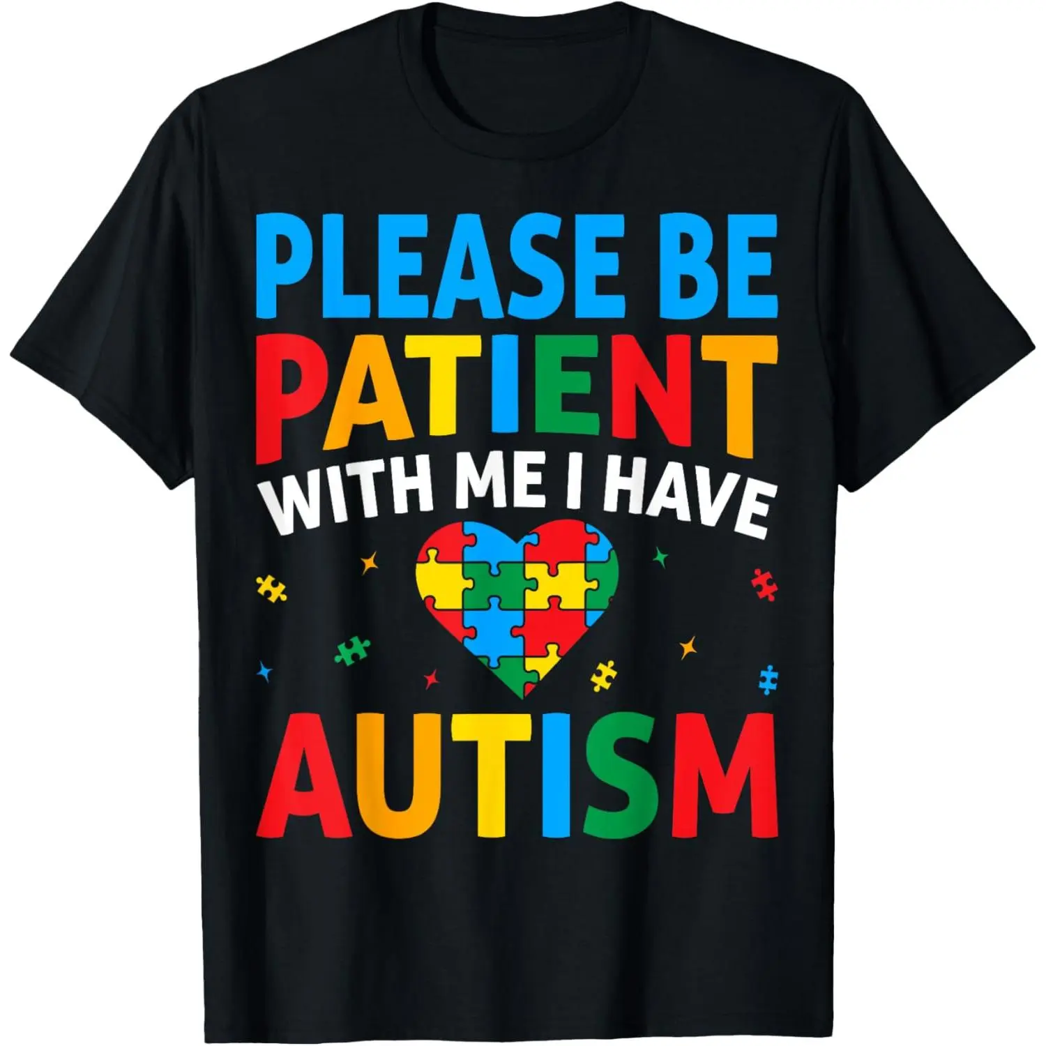 Graphic Print T-Shirt with Autism Awareness Puzzle Heart, Casual Regular Fit 100% Cotton Knit Crewneck Top, Graphic Knitwear