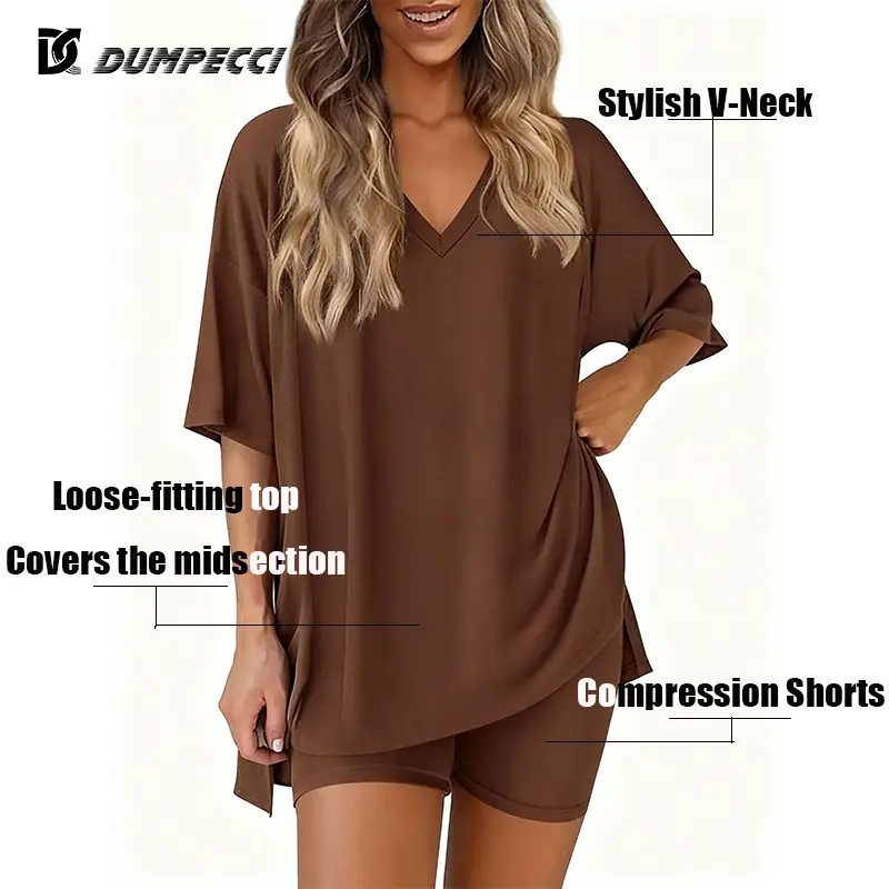 V Neck Two-Piece Set for Women Summer Casual Oversized Split Hem Shirts and Side Pocket Leggings Shorts Minimalist Lounge Wear Soft Double-Sided Brushed Milk Silk Fabric Comfy Homewear Cozy Pjs
