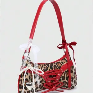 Y2K Vintage Bow Tie Women's Fashion Leopard Print Shoulder Purse with Red Handles and Pearl Accents