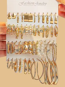 48 Piece Bohemian Style Women's Metal Earrings Set, Faux Pearl Geometric C-Shaped Studs, Daily Wear Party Jewelry Gift