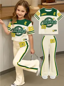American Retro University Style Sportswear Set, Young Girl Casual Letter Print T-Shirt and Bell Pants, Summer, Outdoor Picnic, Street Photography