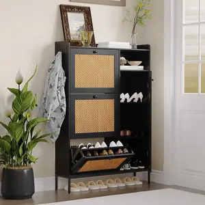3-Tier Rattan Shoe Cabinet with Flip-Up Drawers - Freestanding Adjustable Organizer for Entryway/Hallway/Living Room, Easy Assembly (Black)