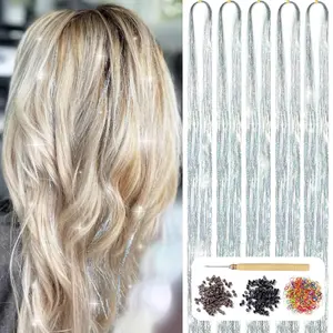 Hair Tinsel Kit with Tool 48 Inch 1200 Strands Tinsel Hair Extensions Fairy Hair Tinsel Kit Heat Resistant Sparkling Glitter Tensile Hair Accessories