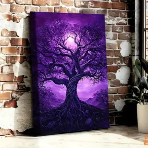 Mystical Purple Tree Canvas Wall Art for Living Room Decor - Enchanting Fantasy Landscape Stretched Print - Spiritual Nature & Celestial Home Accent