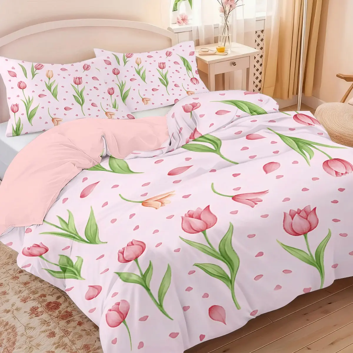3-piece (1 duvet cover + 2 pillowcases, no filling) Romantic pink tulip print 100% polyester duvet cover set, soft and comfortable bedding set, Comfy Bed Sets, suitable for room décor, Decorative Duvet Cover, suitable for all seasons, a must-have gift.