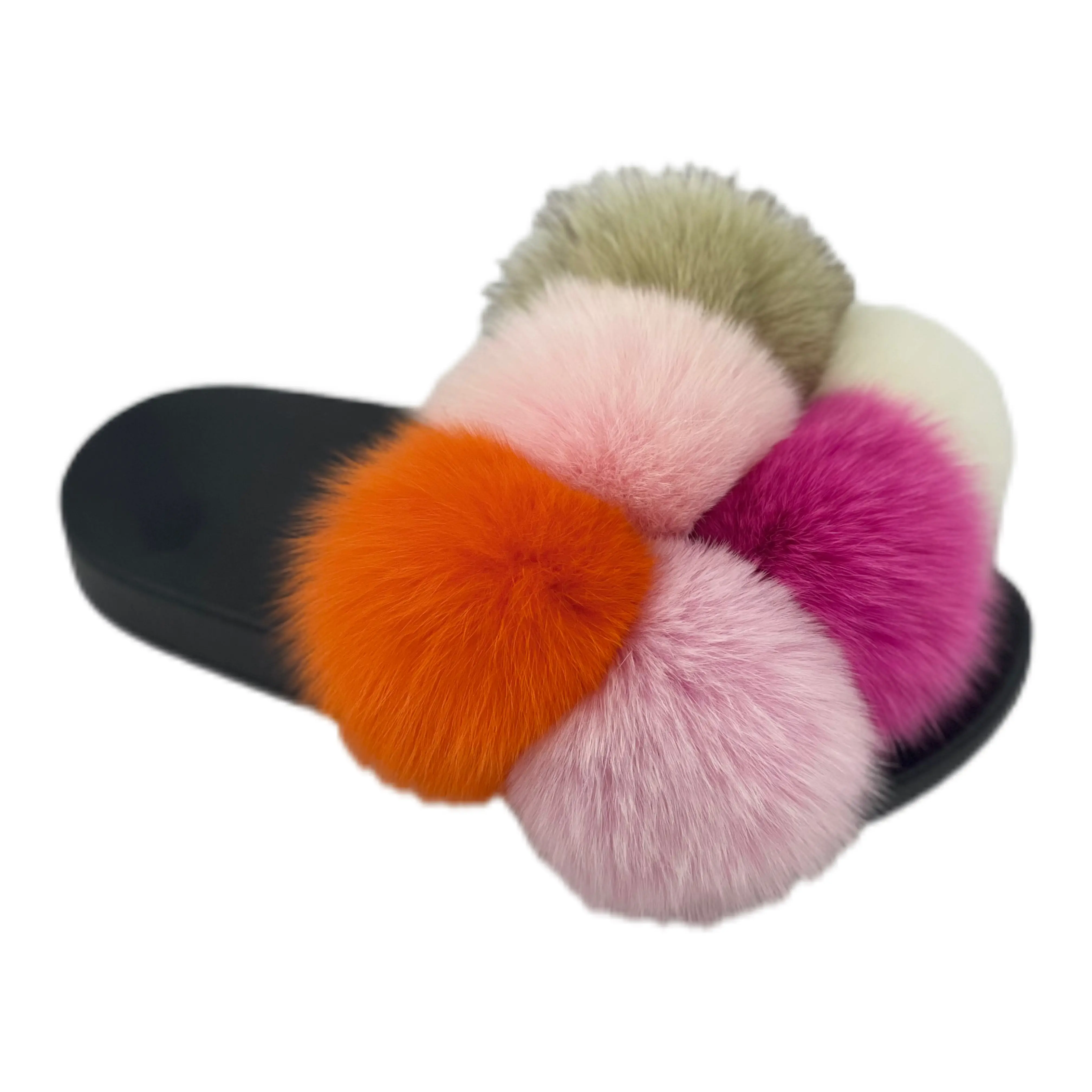 Slide Slippers for Women, Casual 5-Bubble Faux Fur Slides, Winter Slip-On Footwear with Studded Anti-Slip Sole for Indoor Outdoor Wear