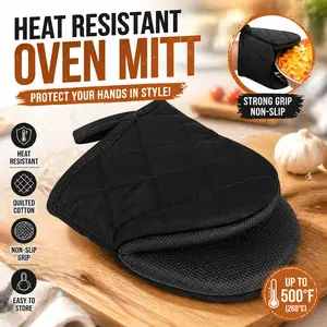 500°F Heat Resistant Oven Mitts, Silicone Non-Slip Grip Kitchen Gloves, Short BBQ Grilling Mitts for Baking, Machine Washable with Hanging Loop, Black Kitchenware Bakeware