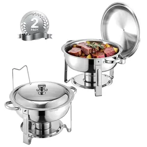 5 Qt Round Chafing Dish Buffet Set - 2 Pack, Full-Size Stainless Steel Silver Serving Pans for Catering, Buffets and Events, Durable Food-Grade Construction, Reusable Warmers with Lids, Easy to Clean and Maintain