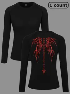 Skull Skeleton Wings Print Long Sleeve Sports T-Shirt for Women, Spring & Fall Round Neck Quick-Dry Breathable Elastic Yoga Running Top