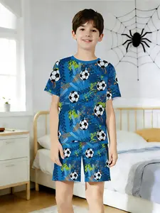 Boys' Football Print Two-Piece Pajama Set, Short Sleeve T-Shirt + Shorts, Soft Breathable Home Wear, Casual Loose-Fit, All Seasons, Soft Breathable Pjs, Sleepwear Pajamas