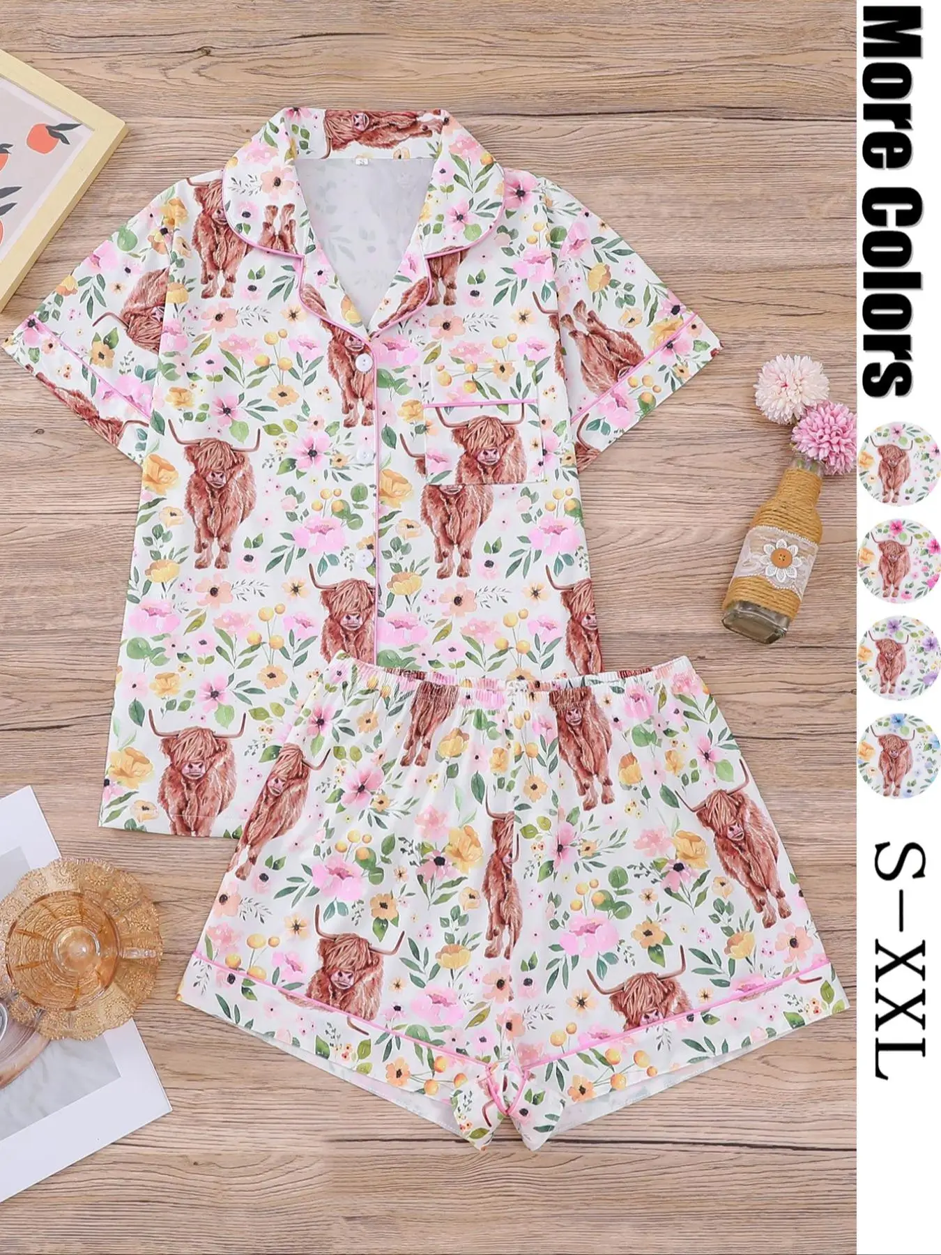 Women's All Over Cow Print Top & Elastic Waist Shorts Pyjama Two-piece Set, Casual Comfy Short Sleeve Top & Shorts Pj Set, Ladies Sleepwear for All S