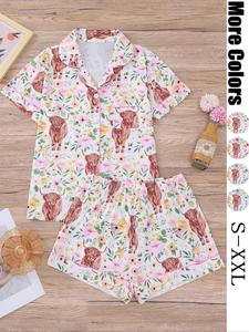 women's all over print top & elastic waist shorts pyjama set, pajama sets women, casual comfy short sleeve top & shorts pj set, ladies sleepwear for all seasons, pajamas, sleep sets, loungewear, pajama sets women, clothing sets, homewear, womenswear