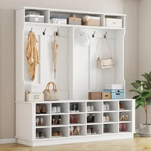 FUFU&GAGA Extra Wide Modern Hall Tree with Storage Bench, 4-in-1 Entryway Bench with Coat Rack, Tall Hall Tree with 6 Metal Hooks, Shelves