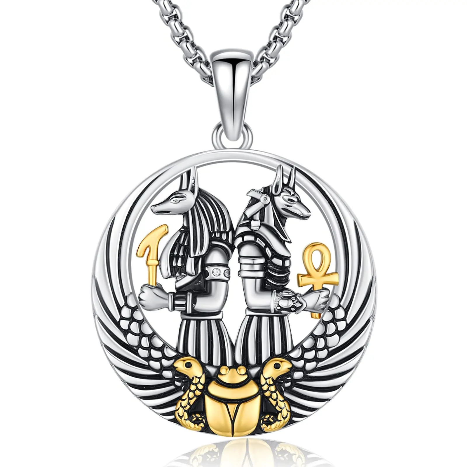 Thanches Anubis 925 Sterling Silver Necklace Snake Ankh Pendant Egyptian God of Death Talisman for Men Women Gothic Jewelry for Protection Perfect Daily Wear Jewelry Gift