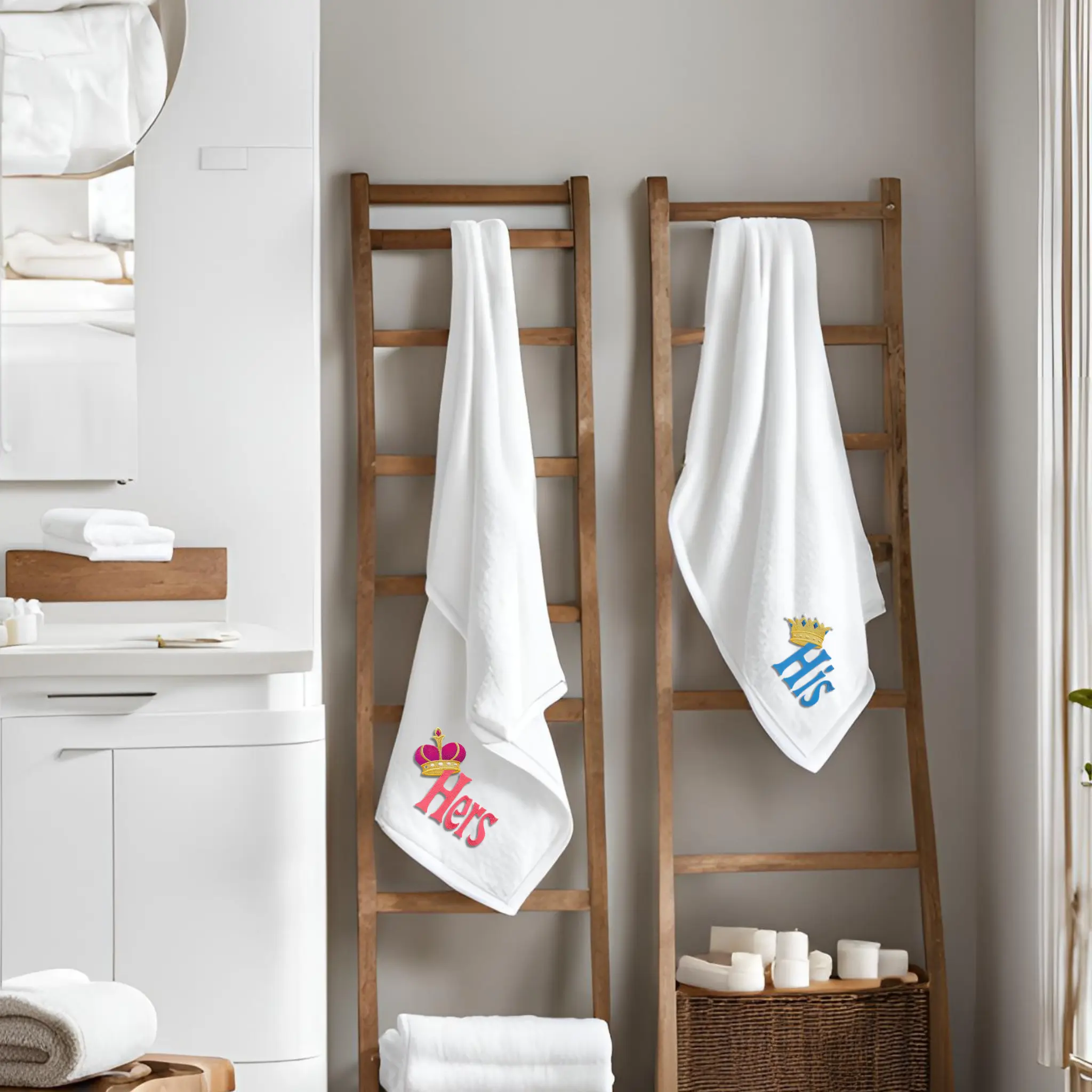 Bath towels for a wedding gift , 'His' and 'Hers' embroidered bath towels gift for a bride and groom