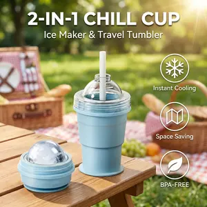 2-in-1 Portable Foldable Ice Ball Maker Bottle with Hiking Straw,Press-to-Release Folding Hockey Cube Cup,Collapsible Easy-Clean Kettle Silicone Molds,Lightweight Reusable Water Cold Drinking Supplies