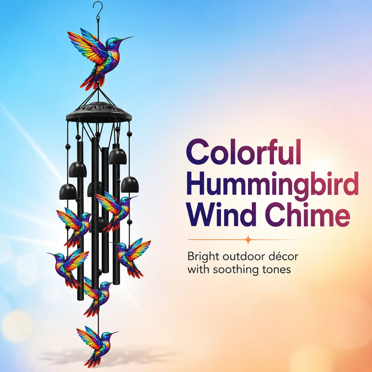 Vintage Hummingbird Wind Chime, Metal Tube & Bell Hanging Ornament, Melodic Wind Bell, Ideal Gift for Bird Lovers door