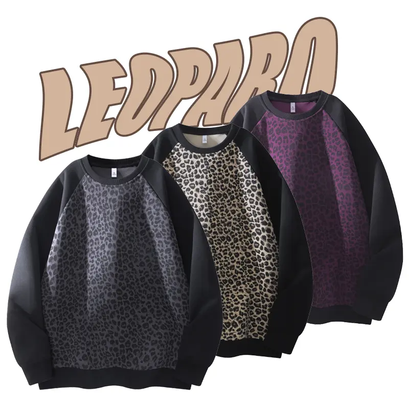 3-pack women’s autumn/winter leopard-print drop-shoulder crewneck sweatshirts, retro color-blocked black design with a loose fit pullover long-sleeve top, sporty casual street-style oversized sweatshirt