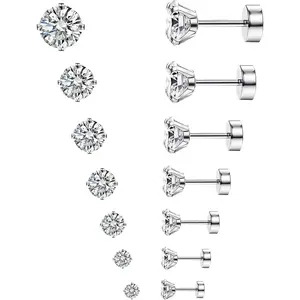 Flat  Earrings for Women & Men, 7 Pairs Stainless Steel Stud Earrings with Flat Backs, Screw  Cartilage Earrings Set with CZ for  Ears
