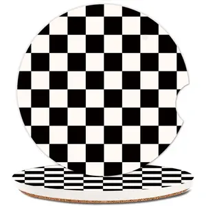Absorbent Car Cupholder Coaster 2 Pack, Cute Car Coasters with a Finger Notch for Women & Men,2.56" Ceramic Stone & Non-Scratch Cork Base Drink Coasters (Checkerboard)