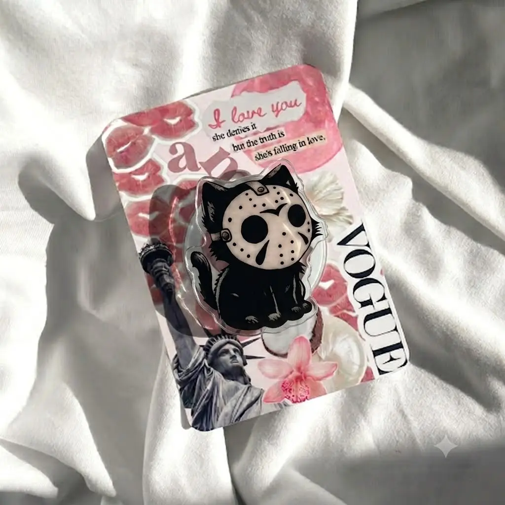Masked Black Cat Phone Grip, Cute Spooky Slasher Kitty Acrylic Phone Holder, Halloween Horror Accessory, Gothic Cat Lover Gift, Creepy Fall Phone Stand for Her