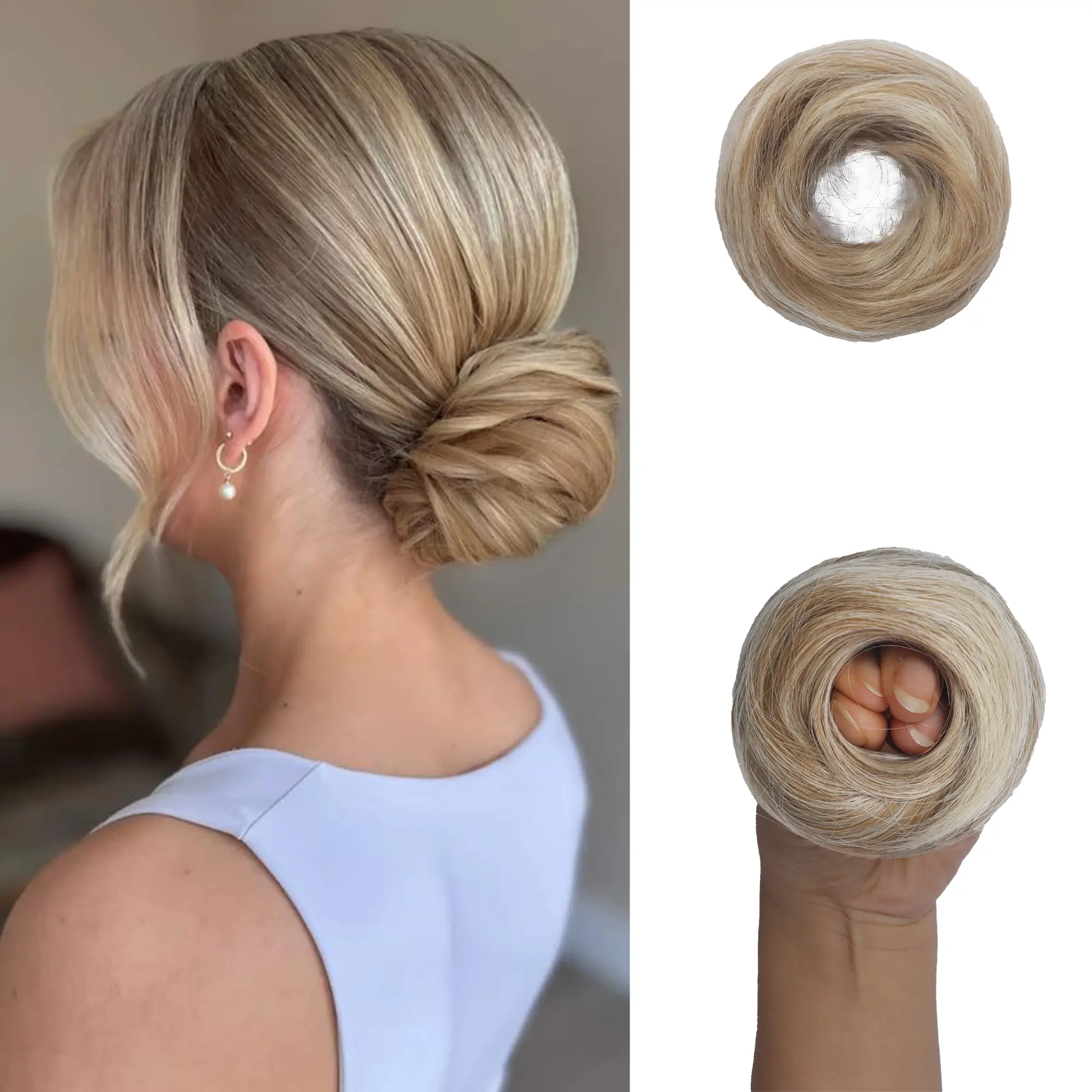 VOSILK 2-Pack Curly Messy Bun Hair Piece for Women, Small Soft Synthetic Updo Scrunchies, Lightweight for Thin Hair in Sand, Soft Synthetic Hair