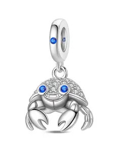Summer Vacation Crab Dangle Charm, Plated 925 Silver Color, Pave Cz Inlaid, Ocean Themed DIY Jewelry, Beach Holiday Accessory for Women