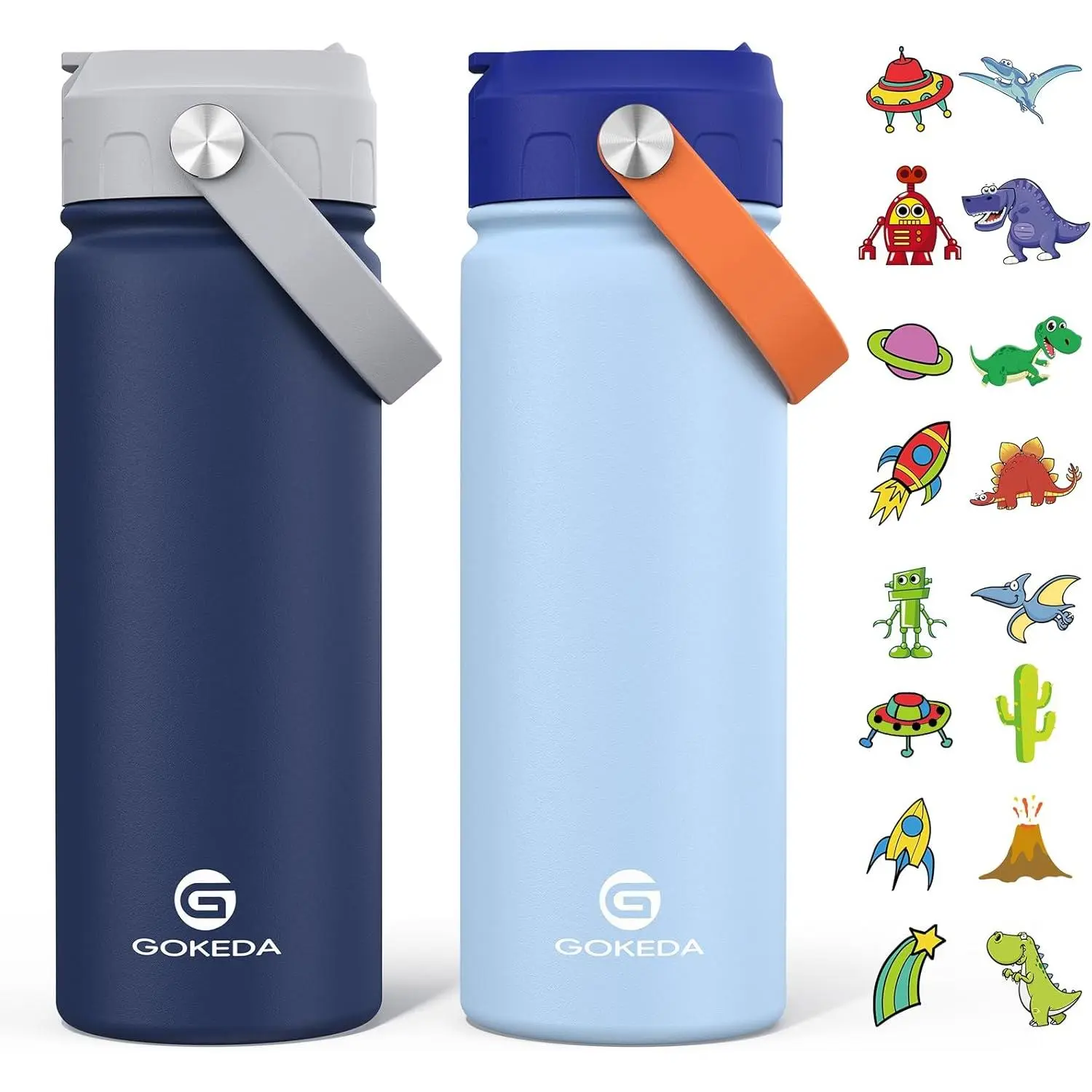 18oz Kids Water Bottle, 2 Pack Insulated Bottles with Stickers, 18/8 Stainless Steel Vacuum Leak Proof Straw Cup for School, Gifts for Boys(Light Blue, Dark Blue)