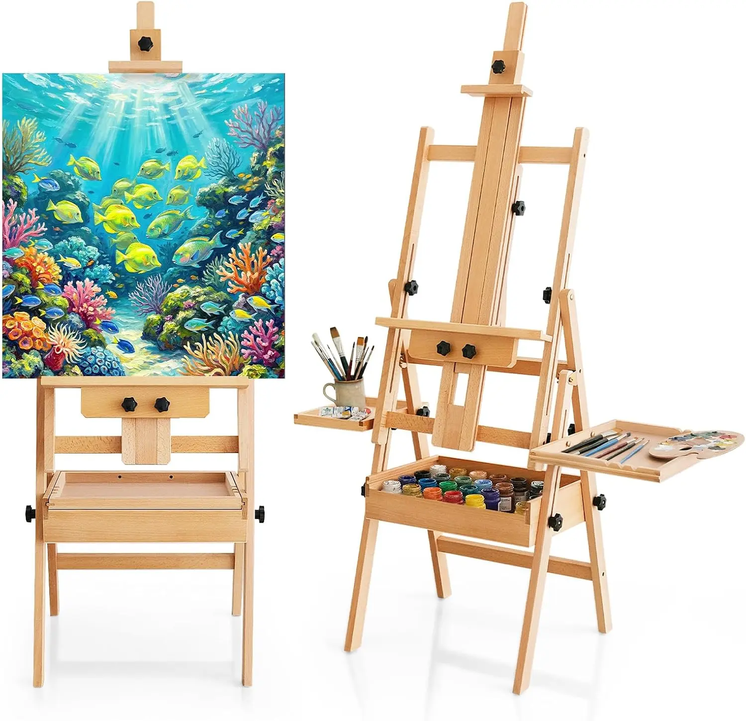 Multi-Function Beech Wood Art Easel for Painting, Flat Desk Easel Stand | Foldable & Adjustable Paint Easel Standing, H-frame Wooden Painting Easel Stand with Storage Box for Adults Artist Studio