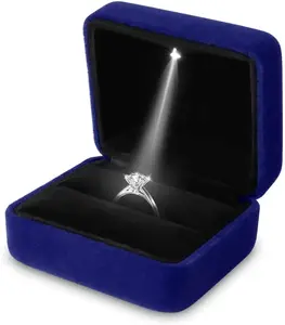 Square Velvet Ring Box LED Light Jewelry Gift Display Case Engagement and Wedding Couple Rings Box Holder Case Storage Gift Box Lightweight Organiser