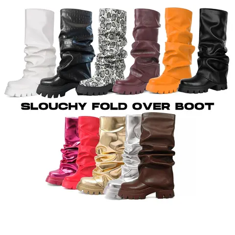 CYNLLIO Womens Knee High Boots Slouchy Fold Over Boot Platform Boots Chunky High Heels Long Boots Round Toe Dress Summer Fall Tall Boots