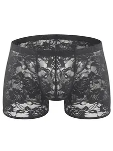 Men's Rose Lace Transparent Mesh Sexy Low Waist Briefs, Stylish Underwear for Everyday Wear, Comfortable & Breathable Design, Underwear Boxer Briefs