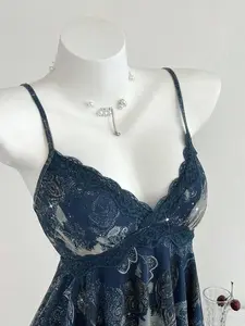 MALINDA 1pc Y2K Style Sleeveless Top With Asymmetric Hem Sequin Floral Print Crisscross Straps, Casual For Women, Navy Blue, Spring/Summer