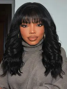 Elegant Yaki Curly Wave Mid-Length Wigs with Bangs, Tang Long Fiber, Rose Net Cap, 150% Density, Suitable for All Seasons, Synthetic Wig