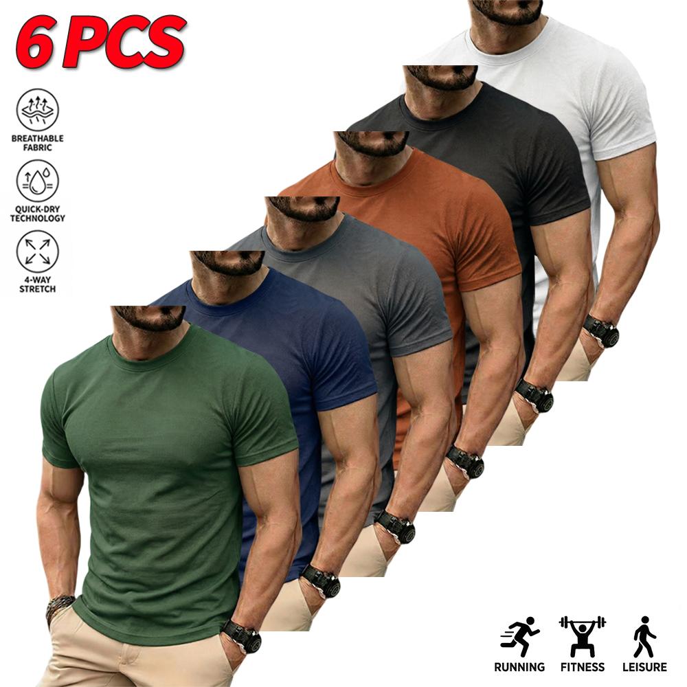 6-pack men’s solid-color casual T-shirts, skin-friendly and soft, moisture-wicking, breathable, quick-drying, lightweight and comfortable—ideal for summer sports and fitness wear.