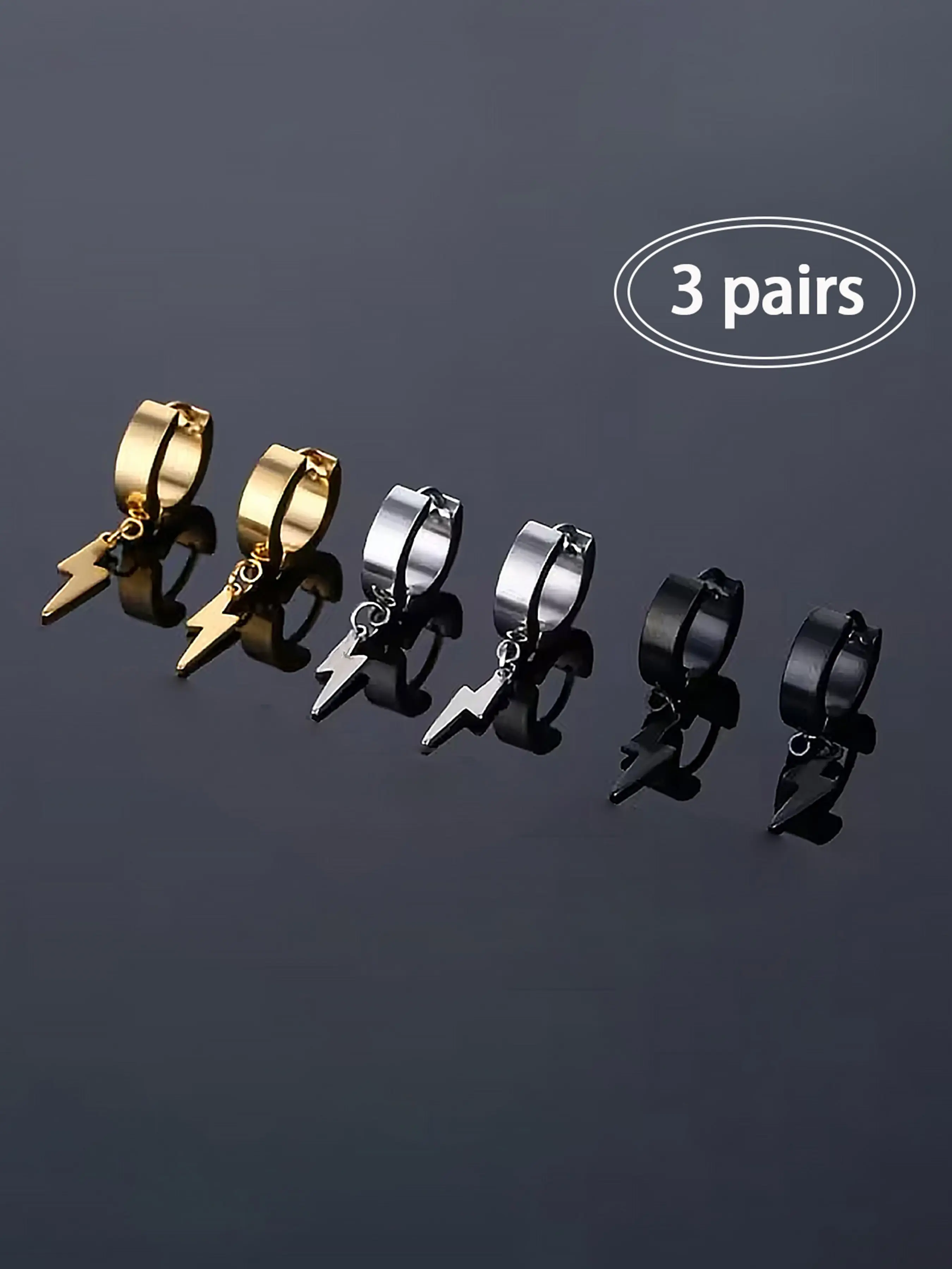 3 Pairs Stainless Steel Lightning Earrings Set, Punk Style, Unisex, Daily Wear, All Seasons, Fashionable Hip Hop Jewelry