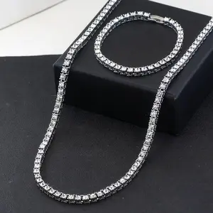 2pcs Ice Crystal Necklace Bracelet Set, Cuban Chain Silvery Golden Tennis Chain Jewelry