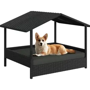 Kayoura Outdoor Elevated Rattan Dog Bed with Canopy & Padded Cushion - Heavy Duty Raised Pet House for Backyard, Poolside & Lawn - Modern All-Weather Wicker Dog House for Large & Medium Dogs wicker puppy cot shade waterproof sun protection exterior porch