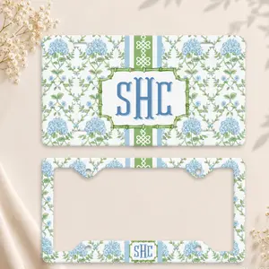 Blue Hydrangea Chinoiserie License Plate Personalized Monogram Car Tag Floral Bamboo Frame Custom Vehicle Decor Gift For Her New Car Style